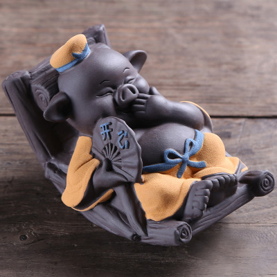 創(chuàng)意可愛紫砂茶寵精品可養(yǎng)紫砂茶玩千豬變搖搖椅小豬家居擺件定制